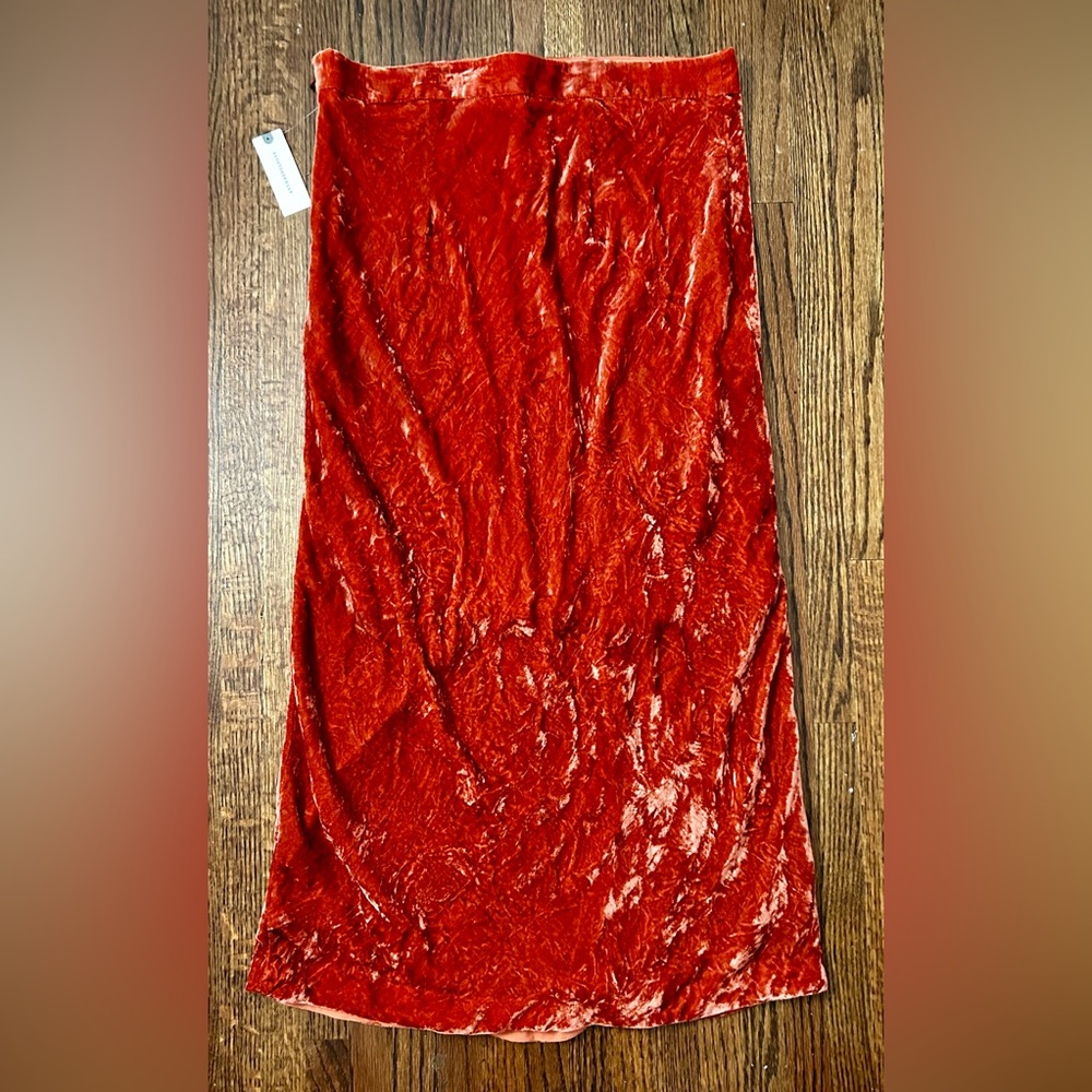 Anthropologie Maeve Crushed Velvet Burnt Orange Zip Up Midi Skirt